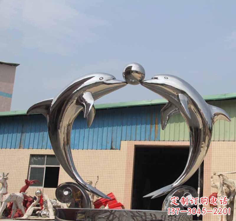 兰州海豚之恋——不锈钢公园镜面海豚顶球雕塑
