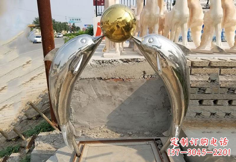兰州不锈钢海豚顶球雕塑