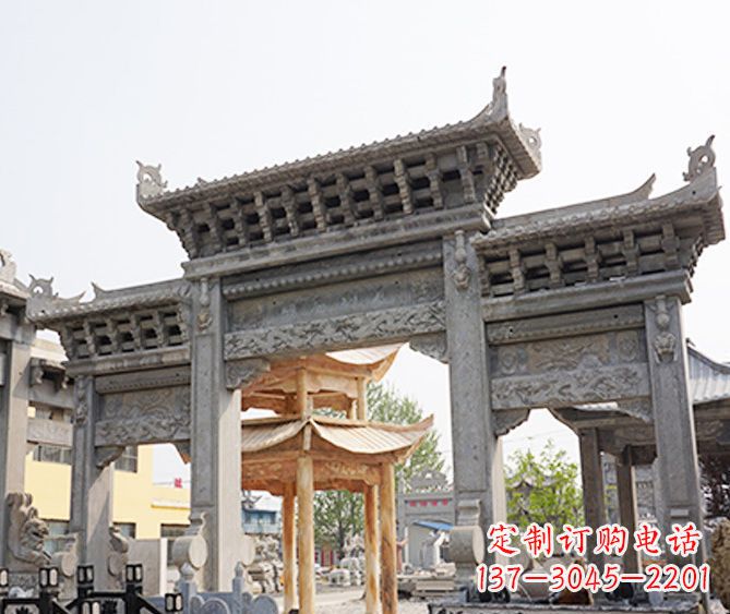 兰州村庄大理石三门牌坊石雕