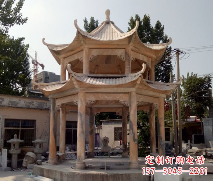 兰州公园景观晚霞红双层石雕凉亭