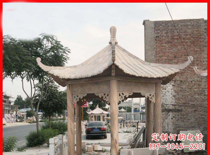 兰州公园晚霞红六角石凉亭雕塑
