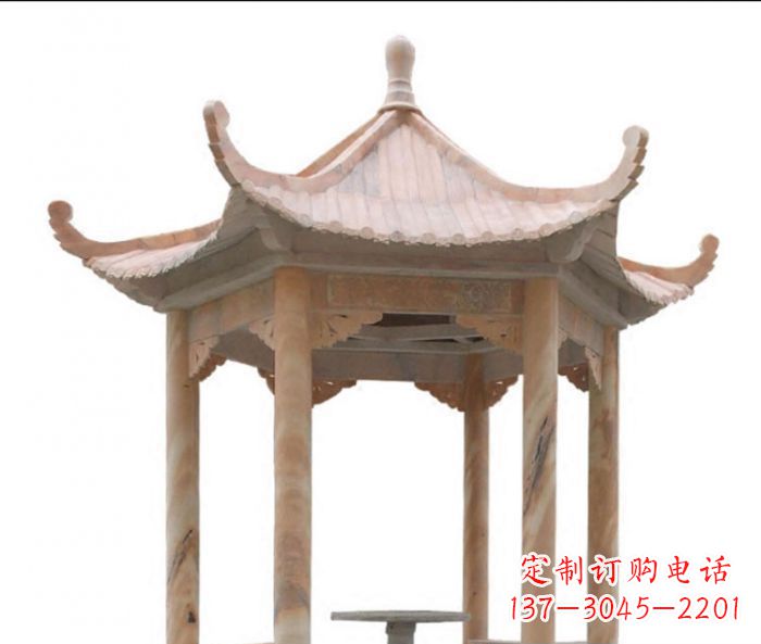 兰州美丽而优雅的公园晚霞红六角石凉亭雕塑