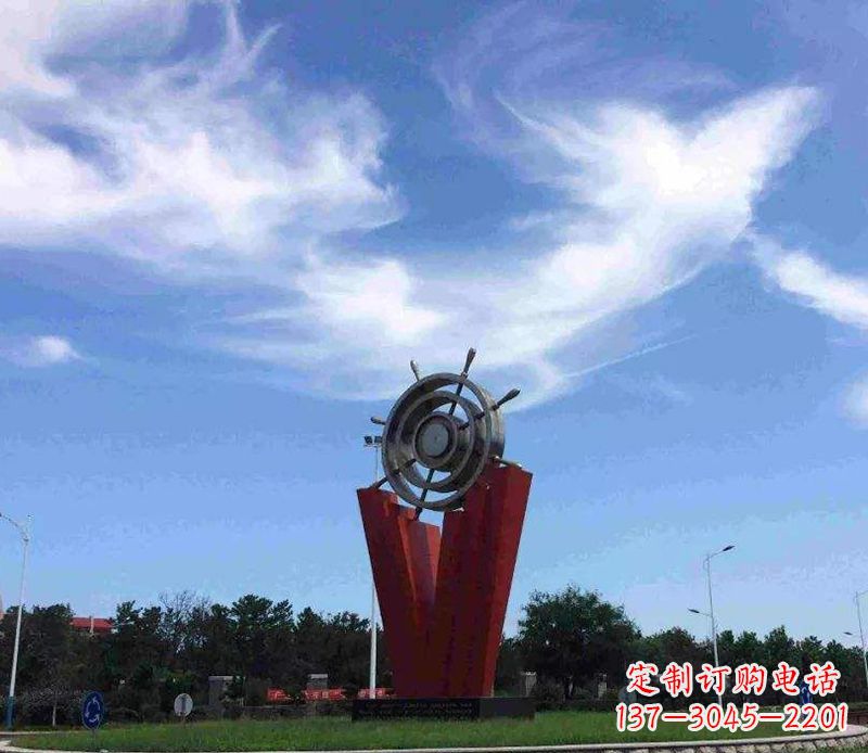 兰州海上风情,精致大气的不锈钢船舵雕塑