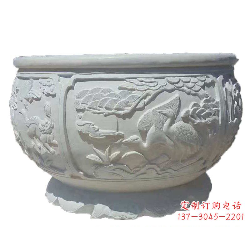 兰州汉白玉松鹤延年浮雕水缸,带给您无尽的岁月美景