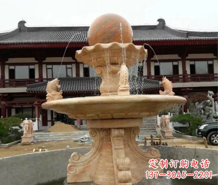 兰州双层风水球喷泉晚霞红石雕