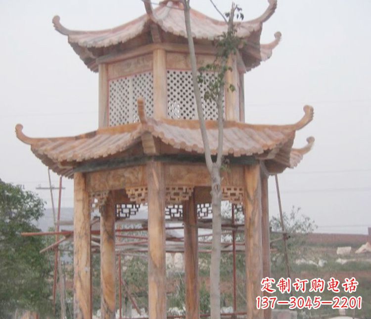 兰州双层晚霞红石凉亭石雕 (2)