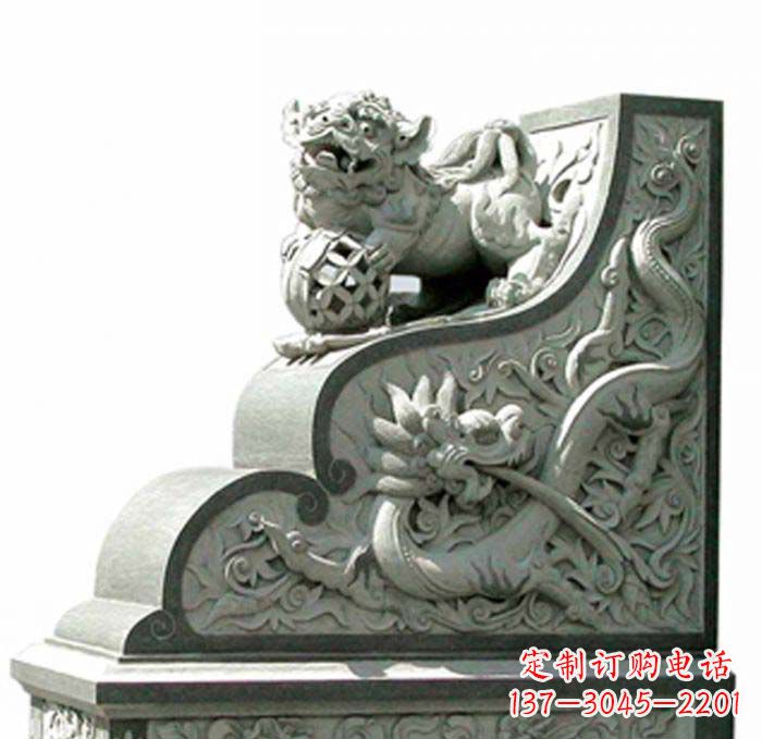 兰州寺庙景观玩绣球狮子石雕门墩