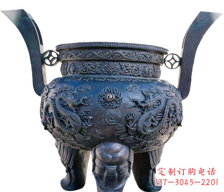 兰州寺庙圆形三足鼎铜雕香炉