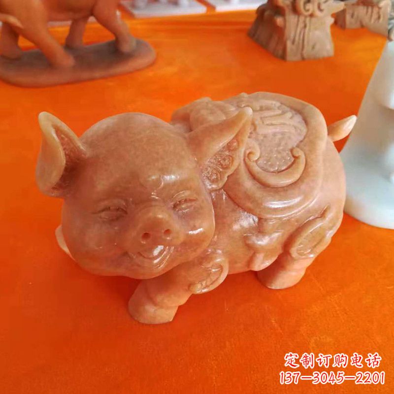 兰州晚霞红大理石招财猪雕塑-企业商场创意生肖动物风水摆件