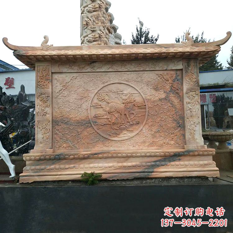 兰州晚霞红麒麟影壁墙石雕