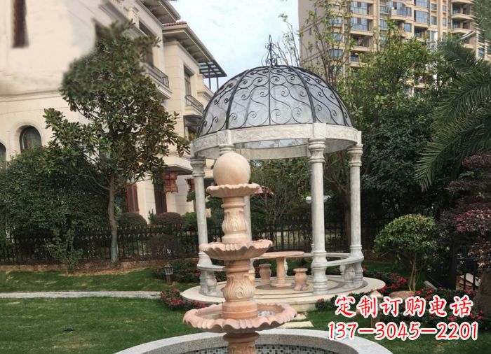 兰州晚霞红三层风水球喷泉小区石雕