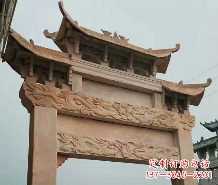 兰州晚霞红石雕单门牌坊