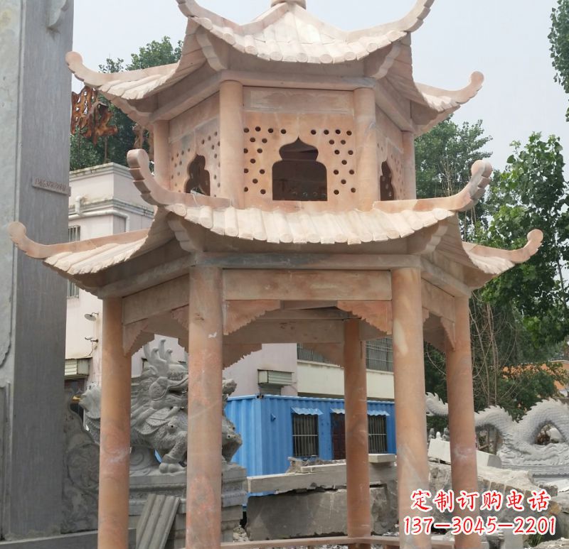 兰州晚霞红双层六角凉亭石雕 (2)