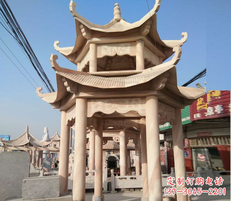 兰州晚霞红双层六角凉亭石雕 (3)