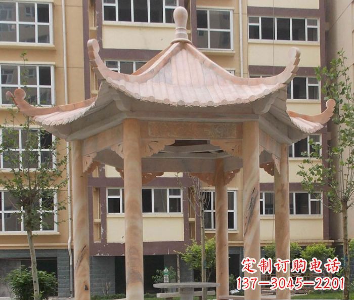 兰州小区晚霞红六角凉亭石雕
