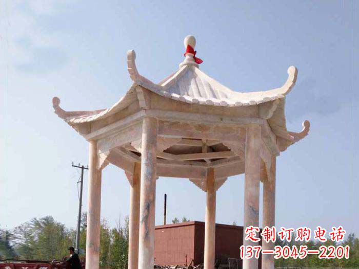 兰州园林景观晚霞红六角石雕凉亭