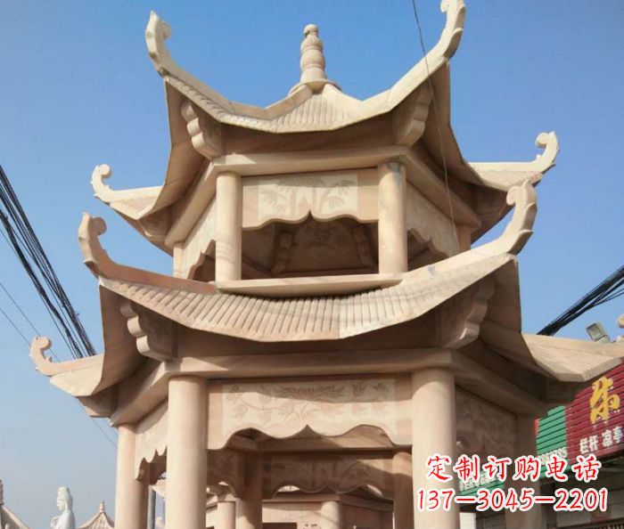 兰州园林景观晚霞红双层石雕凉亭 (2)