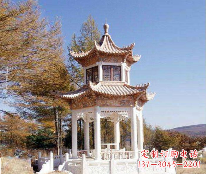 兰州园林景观晚霞红双层石雕凉亭 (3)