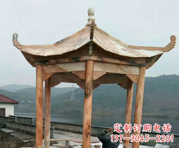 兰州园林晚霞红单层石凉亭景观石雕